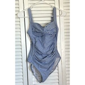 Nip Tuck Swimwear Size 4 One Piece Swimsuit‎ Blue Striped Ruched Multi Fit Cup